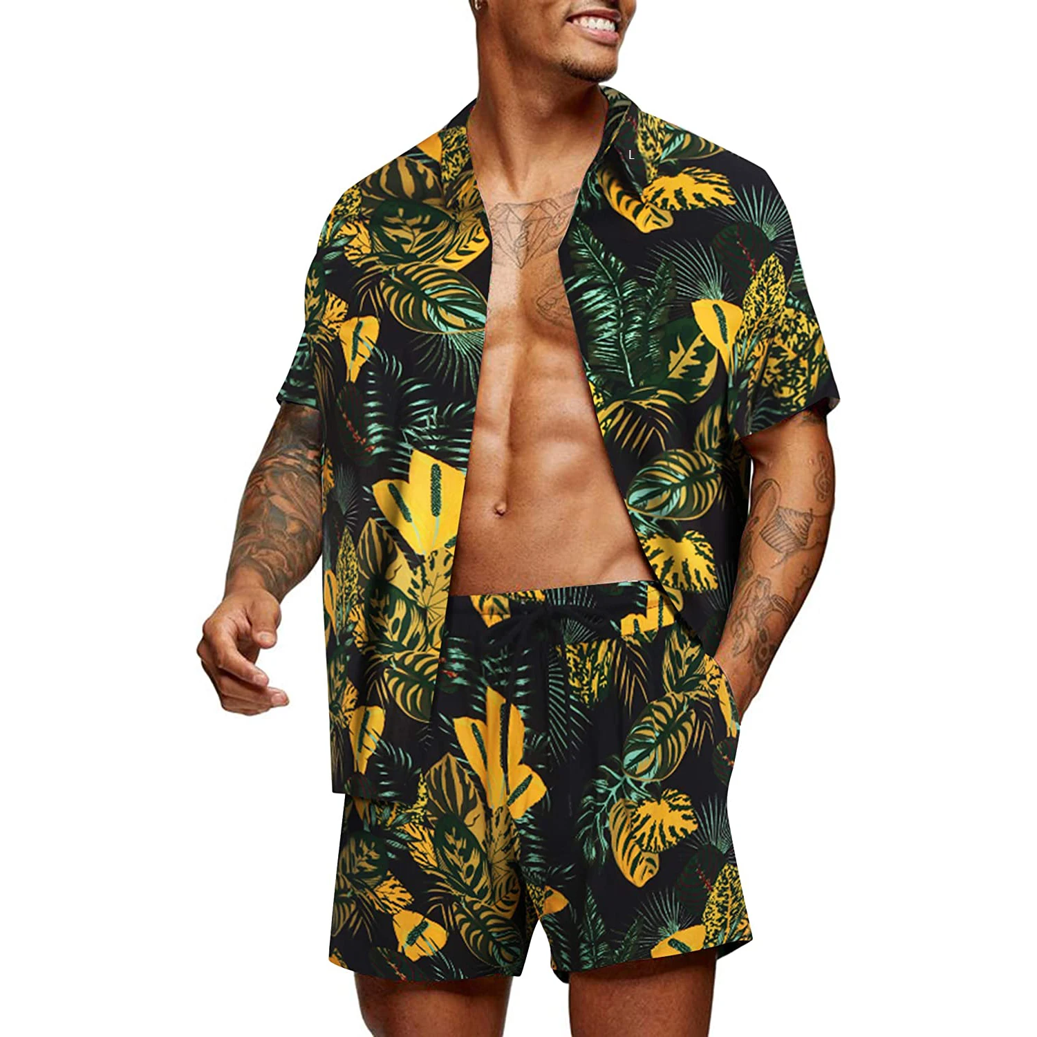 

Summer Tracksuit Men 3D Printed T-Shirt Oversized Unisex Short Sleeve Fashion Hawaiian Beach Suit Casual V-Neck Shirt Set