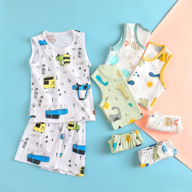 

Children Pajamas Summer Clothing Set For Boys Girls Vest Tops + Short Pants Shorts Sleepwear Cartoon Car Cotton Kids Pyjamas