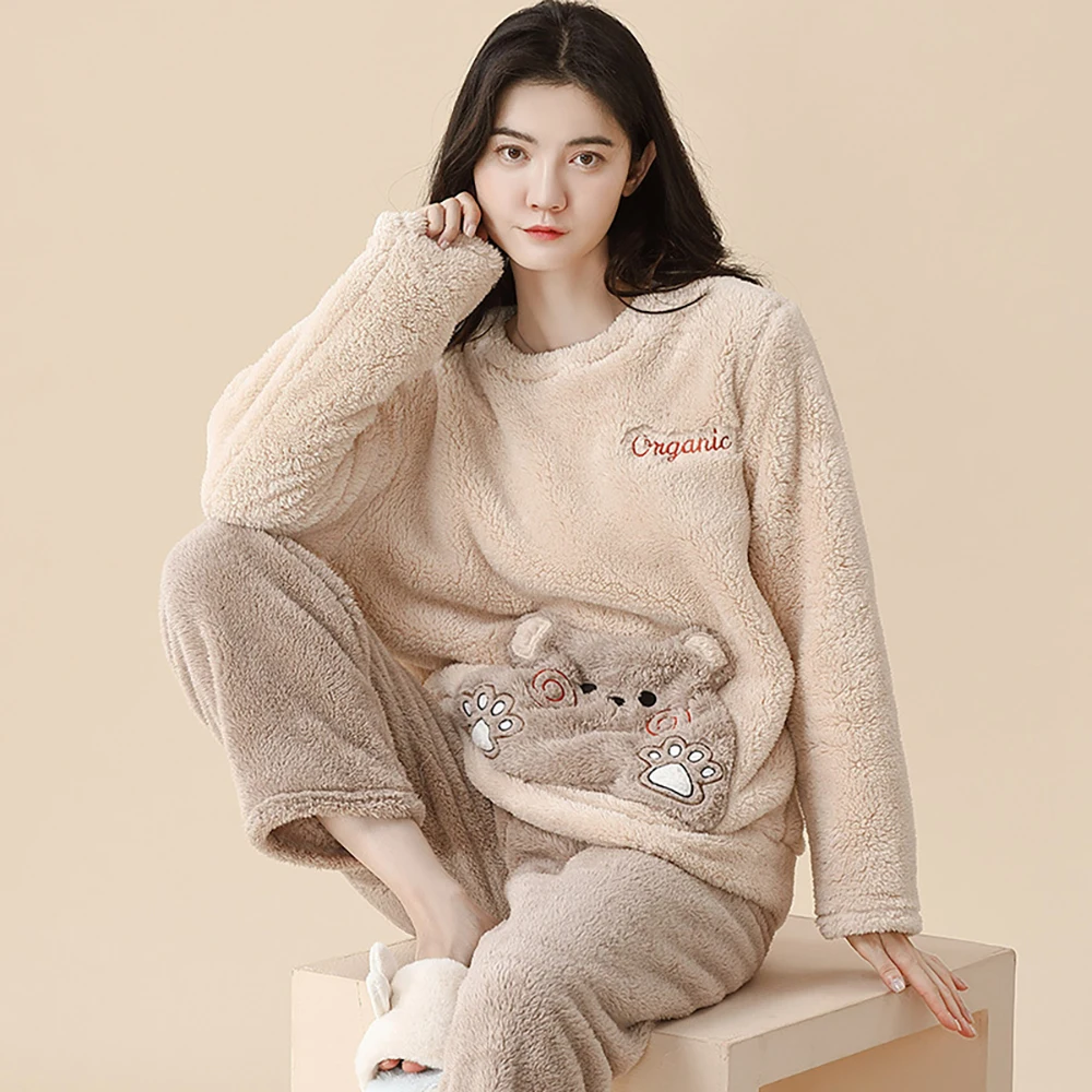Sweet Cute Cartoon Rabbit Pajama Sets Winter Warm Thicken Flannel Pajamas for Women Casual O Neck Sleepwear Elastic Pijama Pants