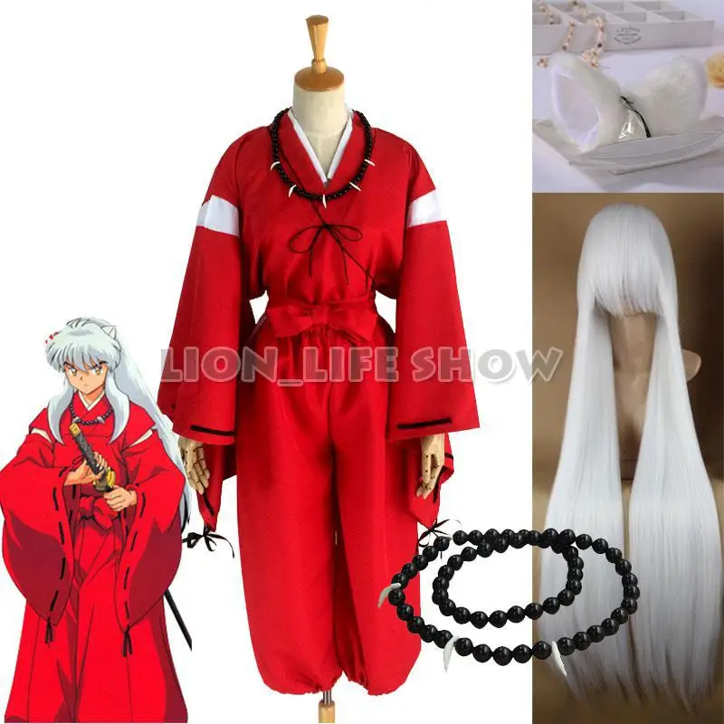 

Искусственное кимоно для косплея аниме Inuyasha, японское кимоно, мужской халат, парики, уши с ожерельем для Хэллоуина