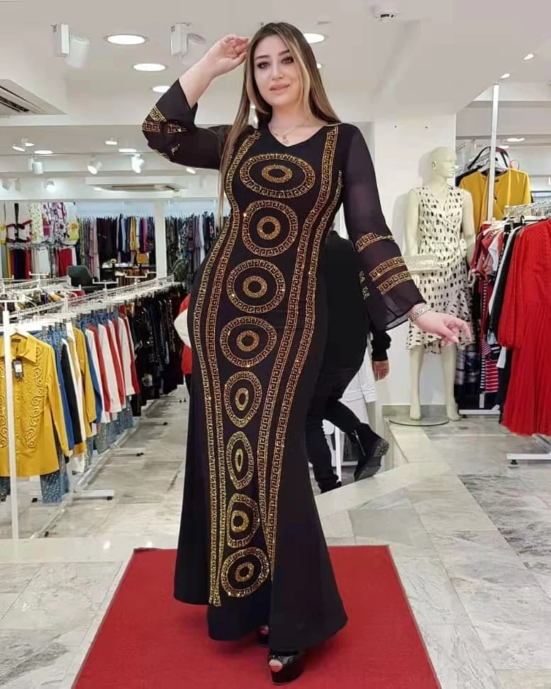 платье женское мусульманские платья платье винтажное исламская одежда женщин винтажное платье Женское платье с круглым вырезом, черное пл...