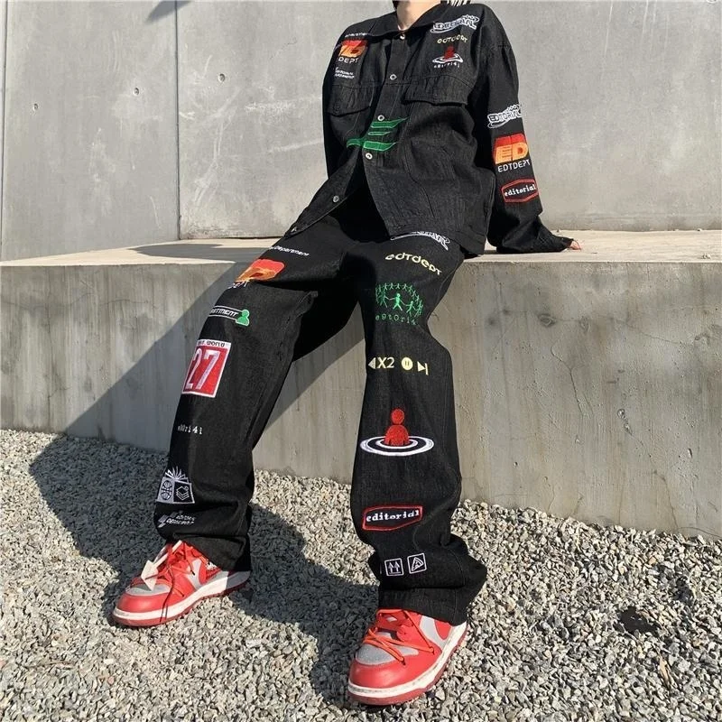 

Джинсы в американском стиле мужские с принтом, свободные прямые штаны в стиле хип-хоп, индивидуальные уличные брюки для пар, большие размеры