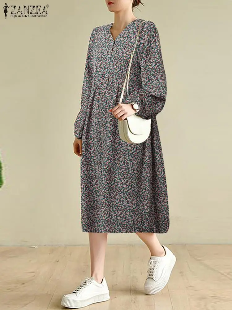 

Платье ZANZEA женское средней длины на пуговицах, модное элегантное винтажное платье-трапеция с V-образным вырезом, длинными рукавами-фонарика...