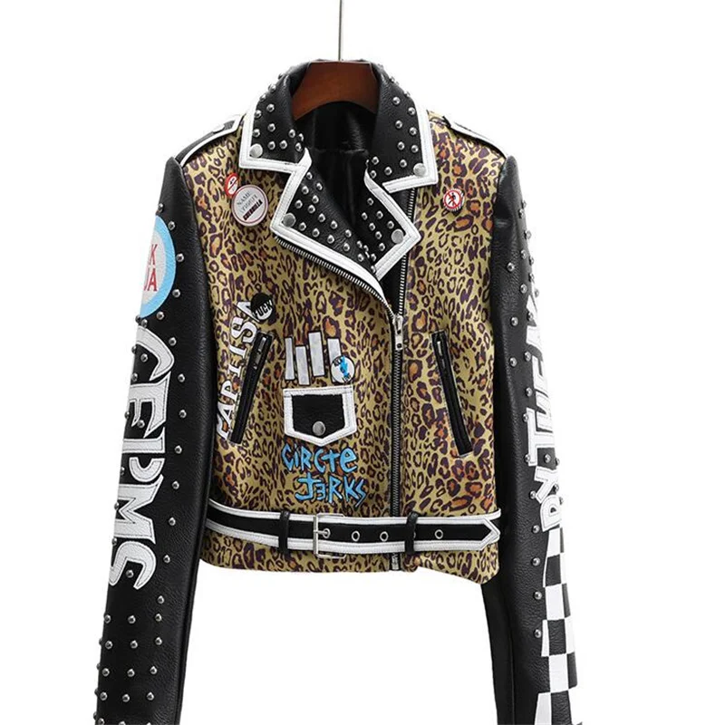 Fashion leather jacket women's Leopard printing short coats new motorcycle clothing дубленка женская зимняя black enlarge