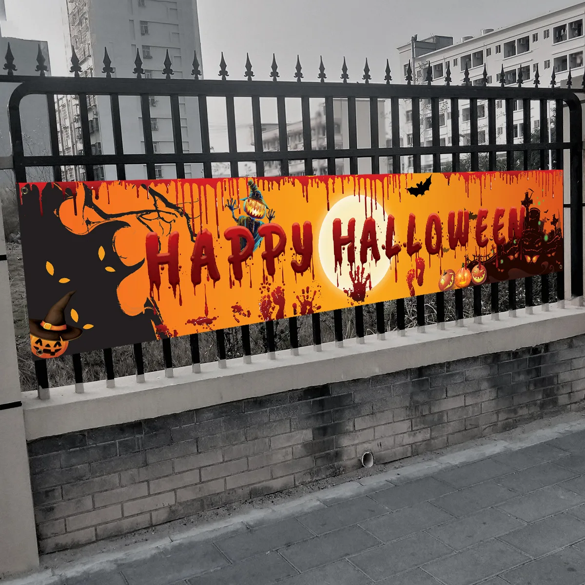 

Happy Halloween Banner 250cm*48cm Large Pumpkin Scary Terror Bloody Hand Footprint Yard Banner Indoor Outdoor Hanging Decor