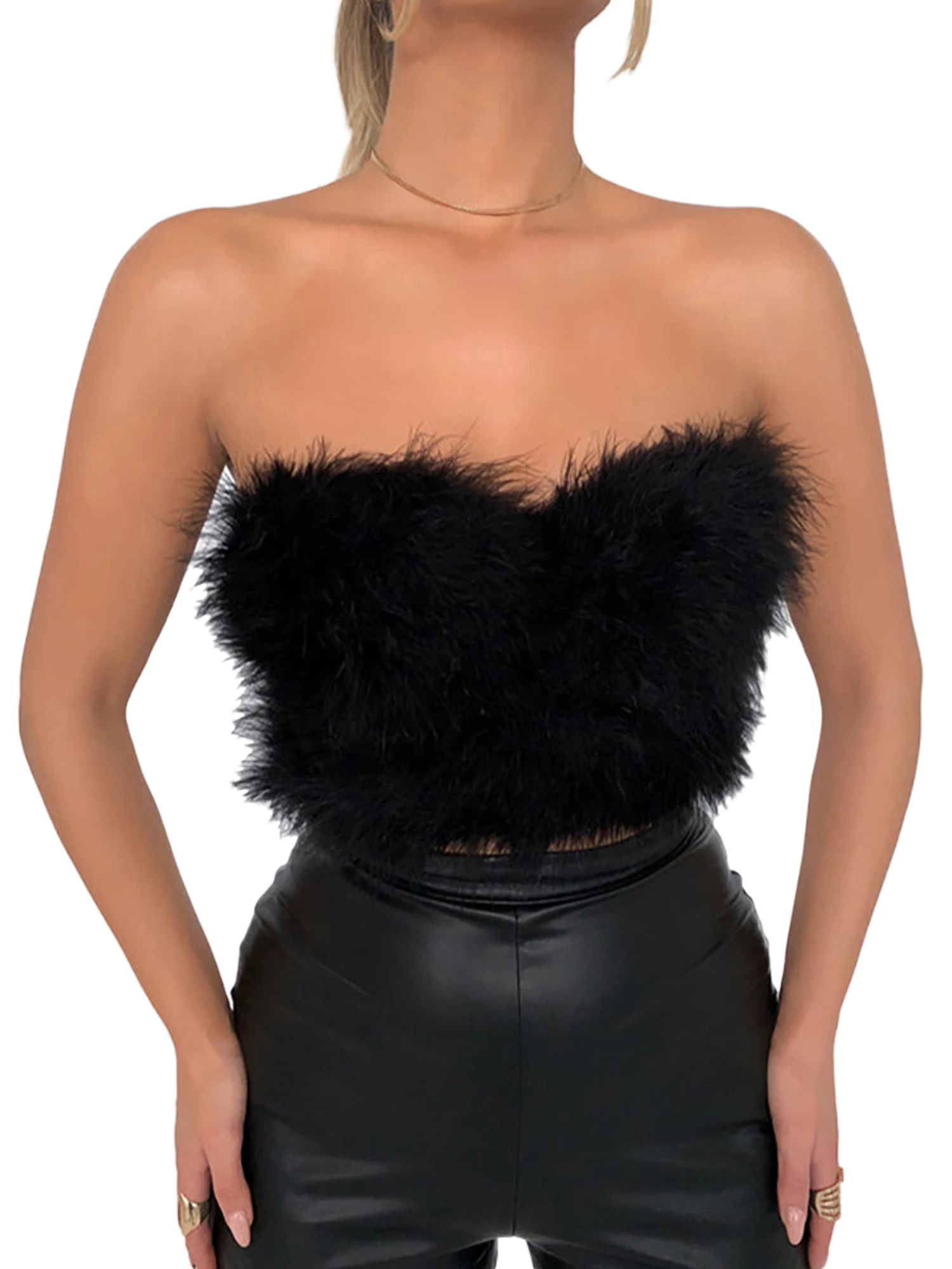 wsevypo Feathers Crop Tops Elegant Vintage Furry Faux Fur Tube Tops Women Strapless Tank Tops Solid Color Backless Bandana Vest