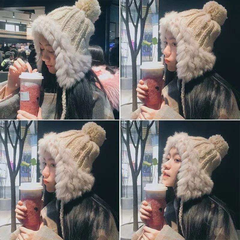 

Korean Style Cute Internet Celebrity Woolen Cap Women's Autumn and Winter Lei Feng Hat Earflaps Warm Fur Ball Rabbit Fur Hat Ins