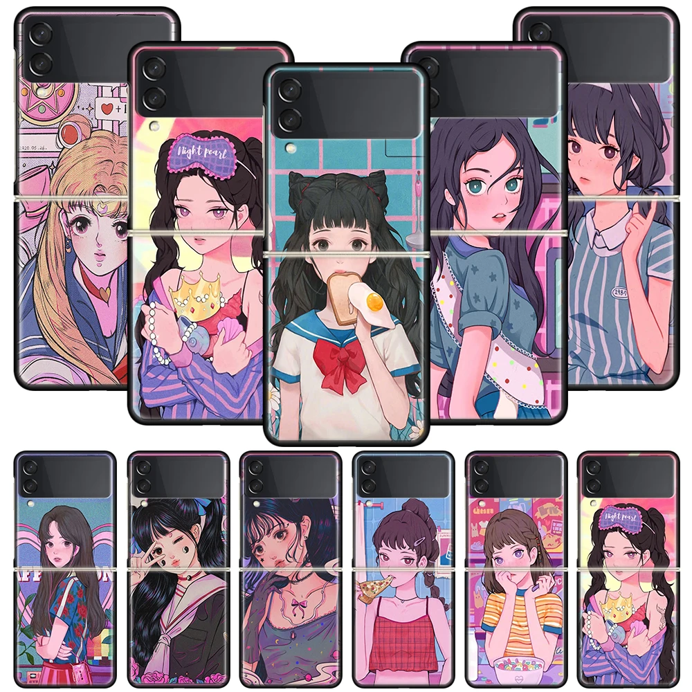 

INS Kawaii Japanese Anime illustration Girl Funda Phone Case For Samsung Galaxy Z Flip 3 5G Luxury ZFlip3 Black PC Hard Shockpro