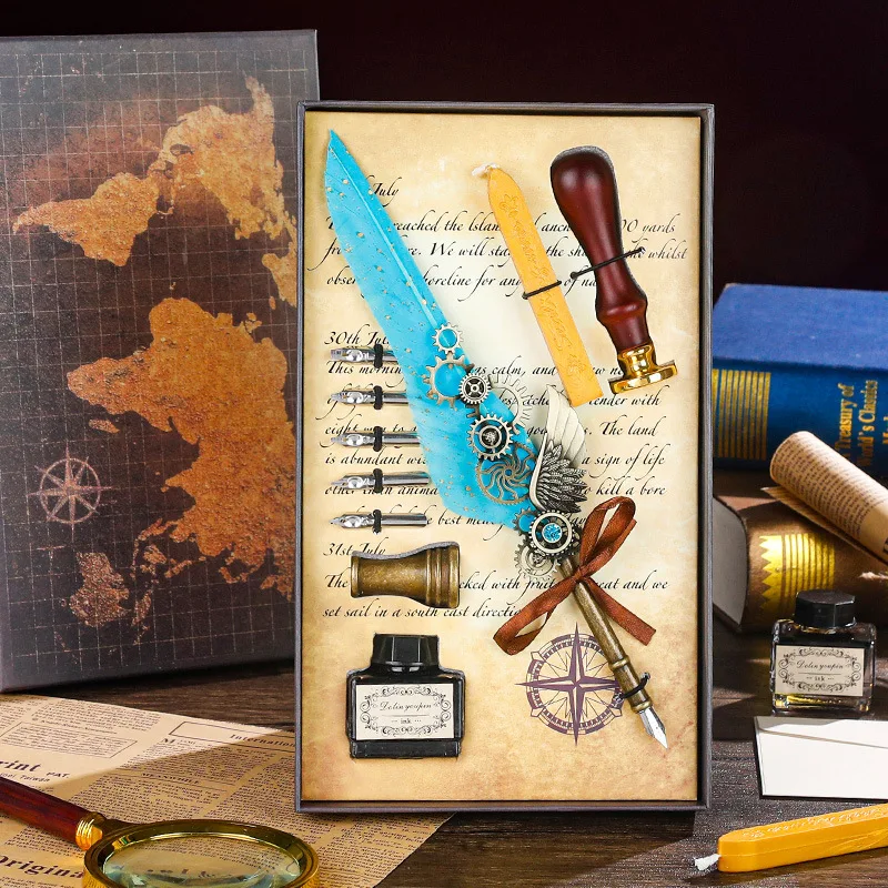 

Vintage Antique Feather Dip Pen Kit Retro Wooden Dip Pen Set Classic Wax Seal Stamp Kit for Calligraphy Art Words Gifts
