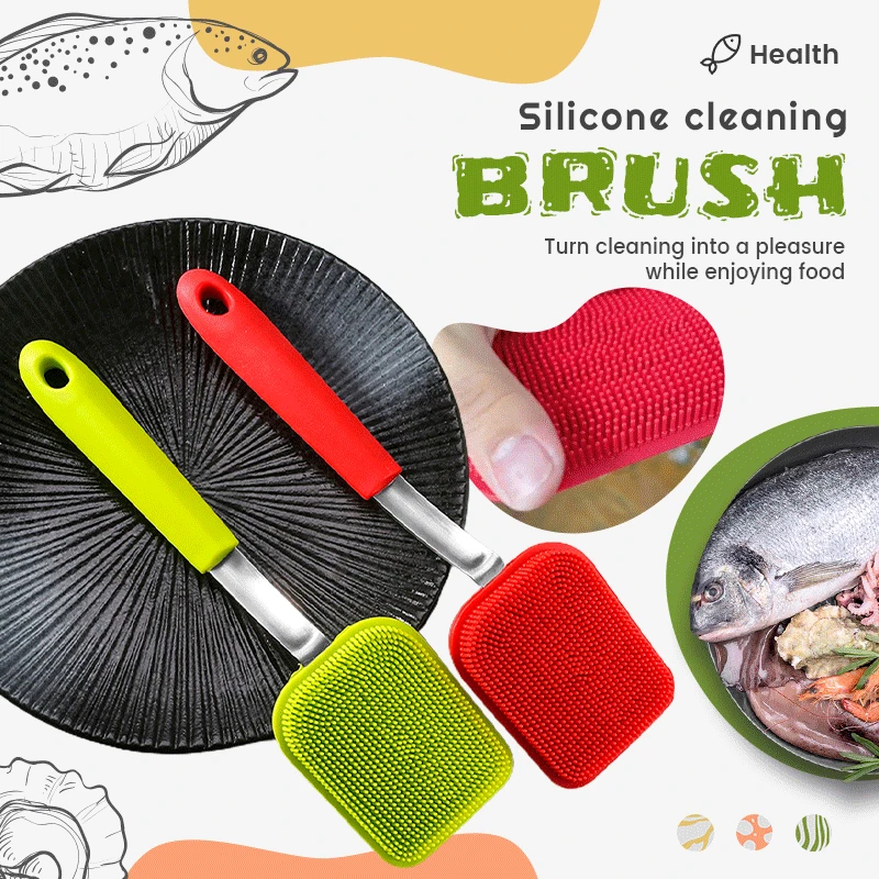 

Hangable Silicone Cleaning Brush Kitchen Degreasing Dishes Stainless Steel Handle Pot Washing Brush Kitchen Gadgets