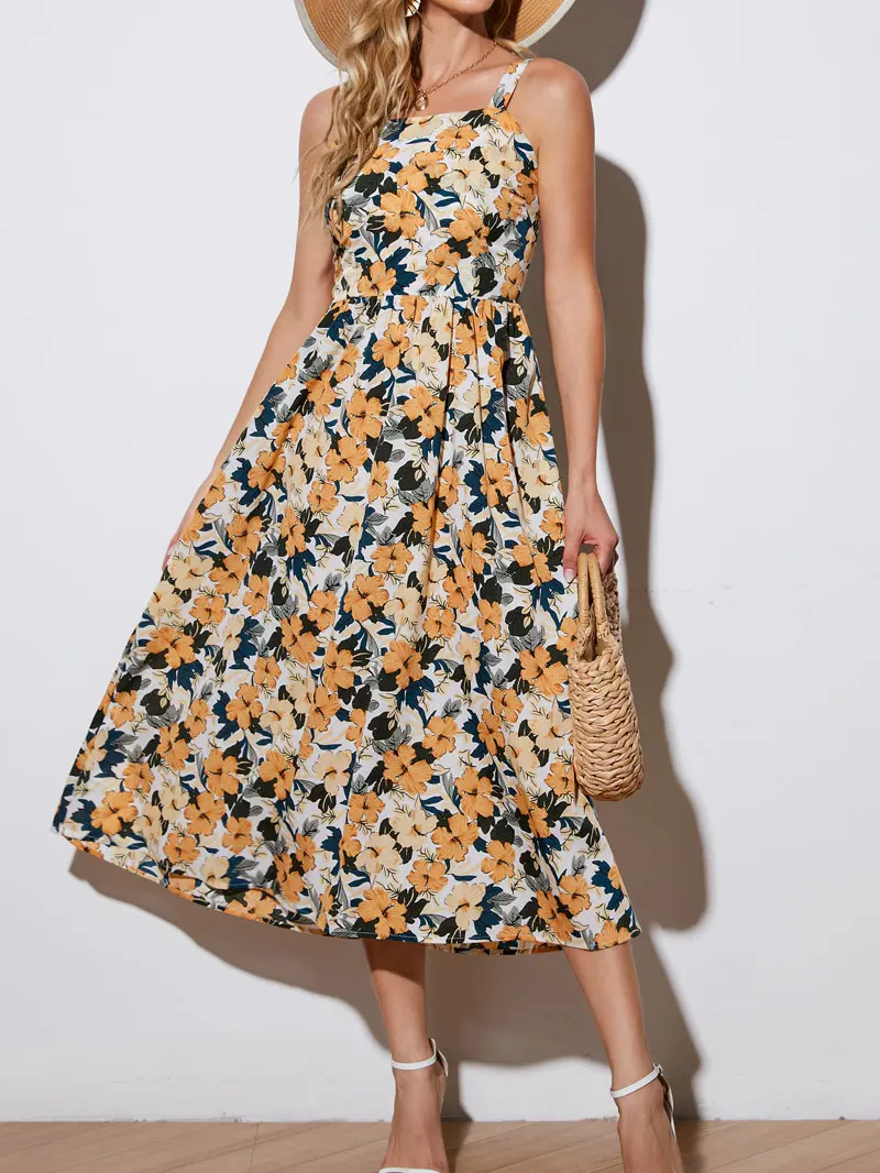 

2022 New Women Dresses Print Floral Midi Elastic Waist Sling Ruffles Party Elegant Summer Backless Female Clothes C7N7