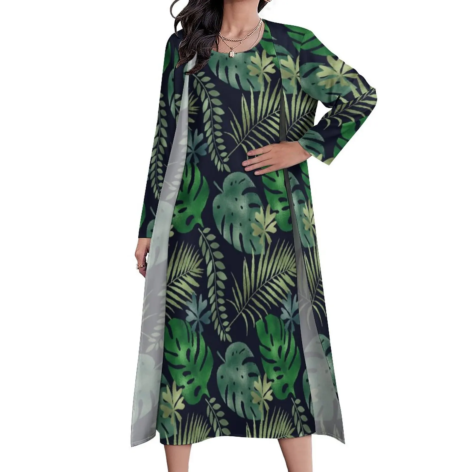 

Женское длинное платье с принтом пальмовых листьев, элегантное богемное платье-макси из двух частей, платье с тропическим принтом в уличном...