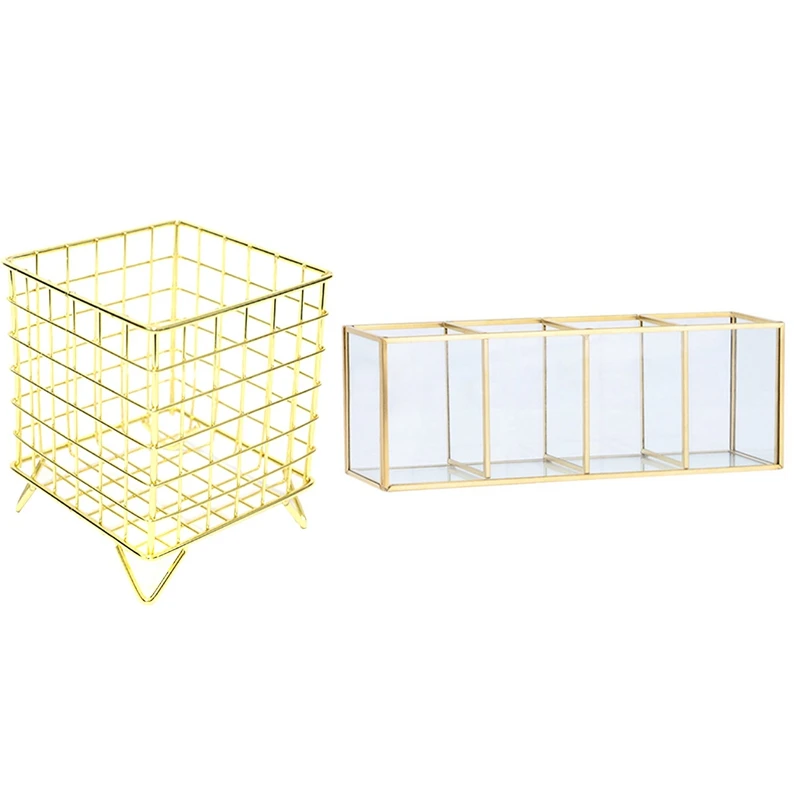 

Роскошный современный стеклянный откидной футляр для хранения косметики в скандинавском стиле с золотой сеткой и держателем для капсул ко...