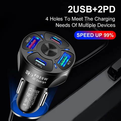 Автомобильное зарядное устройство с двумя USB C PD 20 Вт, быстрая зарядка PD, быстрая зарядка 3,0 USB C, автомобильное зарядное устройство для телефона, адаптер для iPhone Xiaomi Samsung