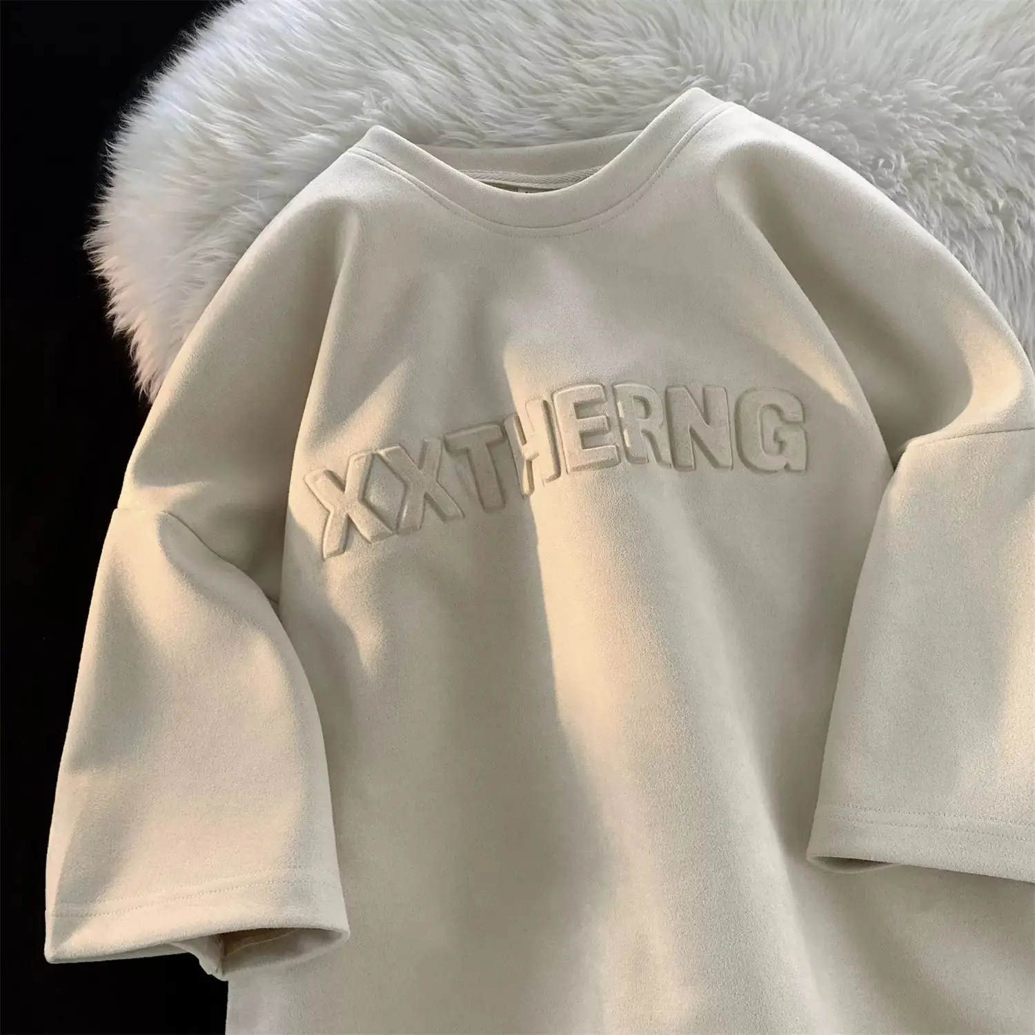 

Extra large size American suede short sleeved T-shirt for men and women summer trend letter stamped loose round neck T shirt top