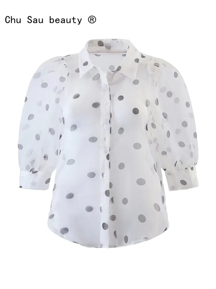 

Women Summer Blouses 2022 New Casual Sweet Cute Lapel Puff Sleeves White Polka Dot Single Breasted Shirts Female