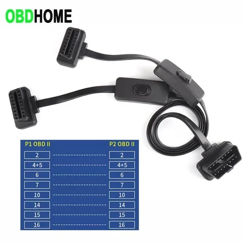 60 СМ Длинный OBD2 16-контактный с удлинительным кабелем переключателя Плоский провод Один в два Адаптер Автоматический 1 штекер на 2 гнезда OBD 16-контактный разъем