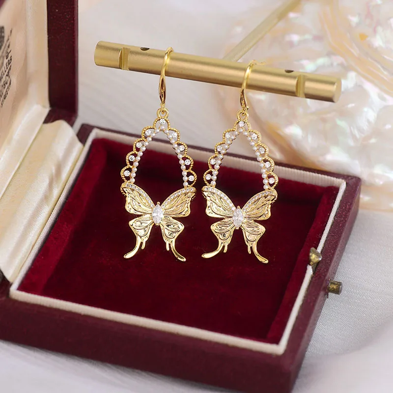 

Luxury Feminia 14K Real Gold Butterfly Earring for Women Exquisite Temperament Pearl Stud Earrings Anti-allergy Brincos Bijoux