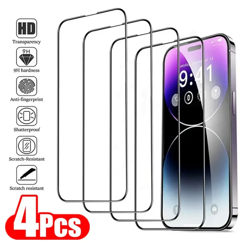 

4Pcs Protective Glass for iPhone 14 13 12 11 Pro Max Mini 7 8 Plus Screen Protector for iPhone 15 PRO XS MAX XR X Tempered Glass