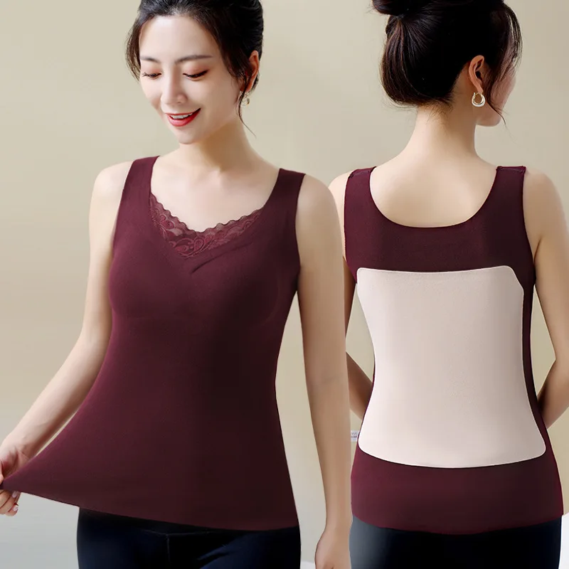 Women's Thermal Underwear Top With Bra Sexy Lace Vest Thermo Lingerie Undershirt Intimate Wirefree Bras Solid Inner Wear