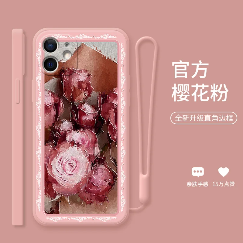 

Luxury Red Rose Phone Case for Iphone 7 8 PLUS X XR XS 11 12 13 Pro Max Retro Literary Flowers Liquid Silicone Phone Cover
