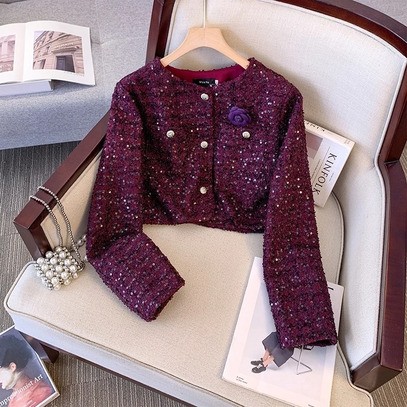 Осень 2024 новые французские роскошные твидовые пальто с блестками модные