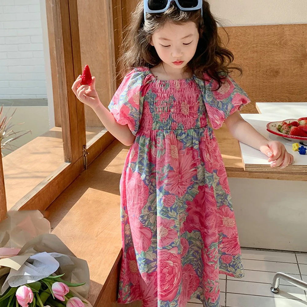 

Menoea Girls' Summer Dress New Girls' Children's Wrinkled Bubble Sleeve Big Flower Dress Princess Dress Party Holiday Dress
