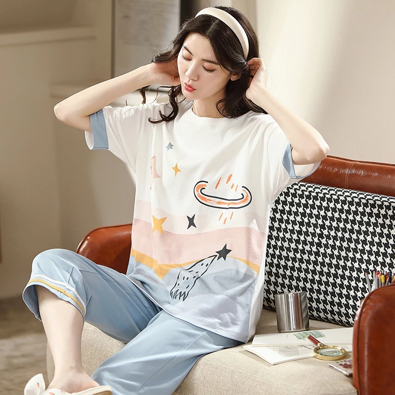 

Summer Cartoon Cotton Pajamas Set Women Pyjamas Sleepwear Nightwear Pijama Mujer Home Wear Casual Calf-Length Pants Nightsuit