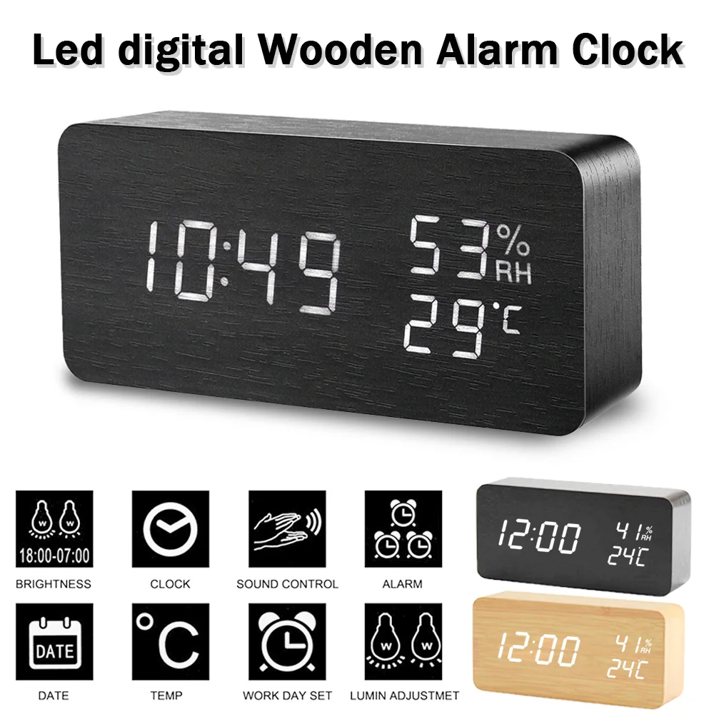 

Led Wooden Alarm Clock Table Temperature Humidity Voice Control Digital Wood Despertador USB/AAA Powered Electronics Desk Clocks