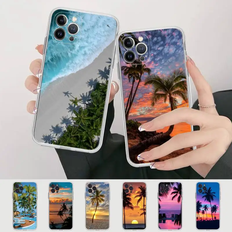 

Summer Beach Sunset Sea Palm Tree Phone Case For iPhone 14 13 12 Mini 11 Pro XS Max X XR SE 6 7 8 Plus Soft Silicone Cover