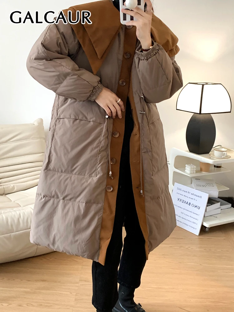 

GALCAUR Oversized Hit Color Down Jacket For Women Lapel Long Sleeve Single Breasted Patchwork Drawstring Jackets Female Clothing