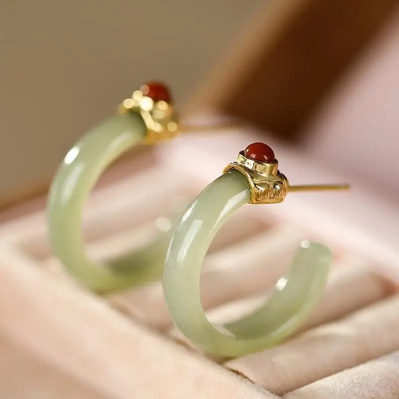Silver-plated South Red Tourmaline Natural Hetian Jasper Ring Earrings Exquisite Charm Women's Jewelry Hanfu Accessories