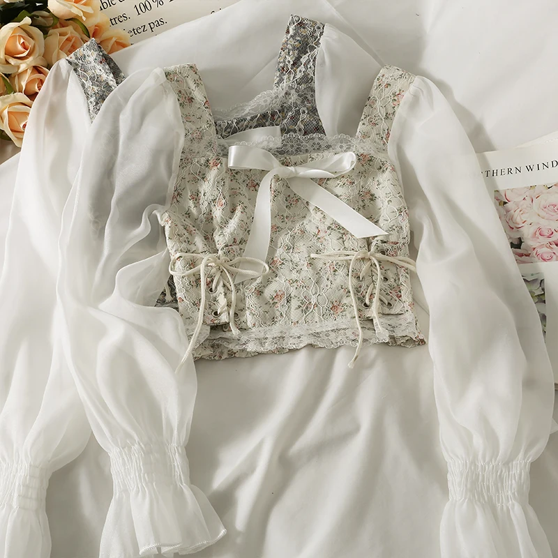 

Women Patchwork Colorblock Blouse Square Collar Long Sleeve Sexy Lace Woman Sweet Korean New Fashion Shirts Ins