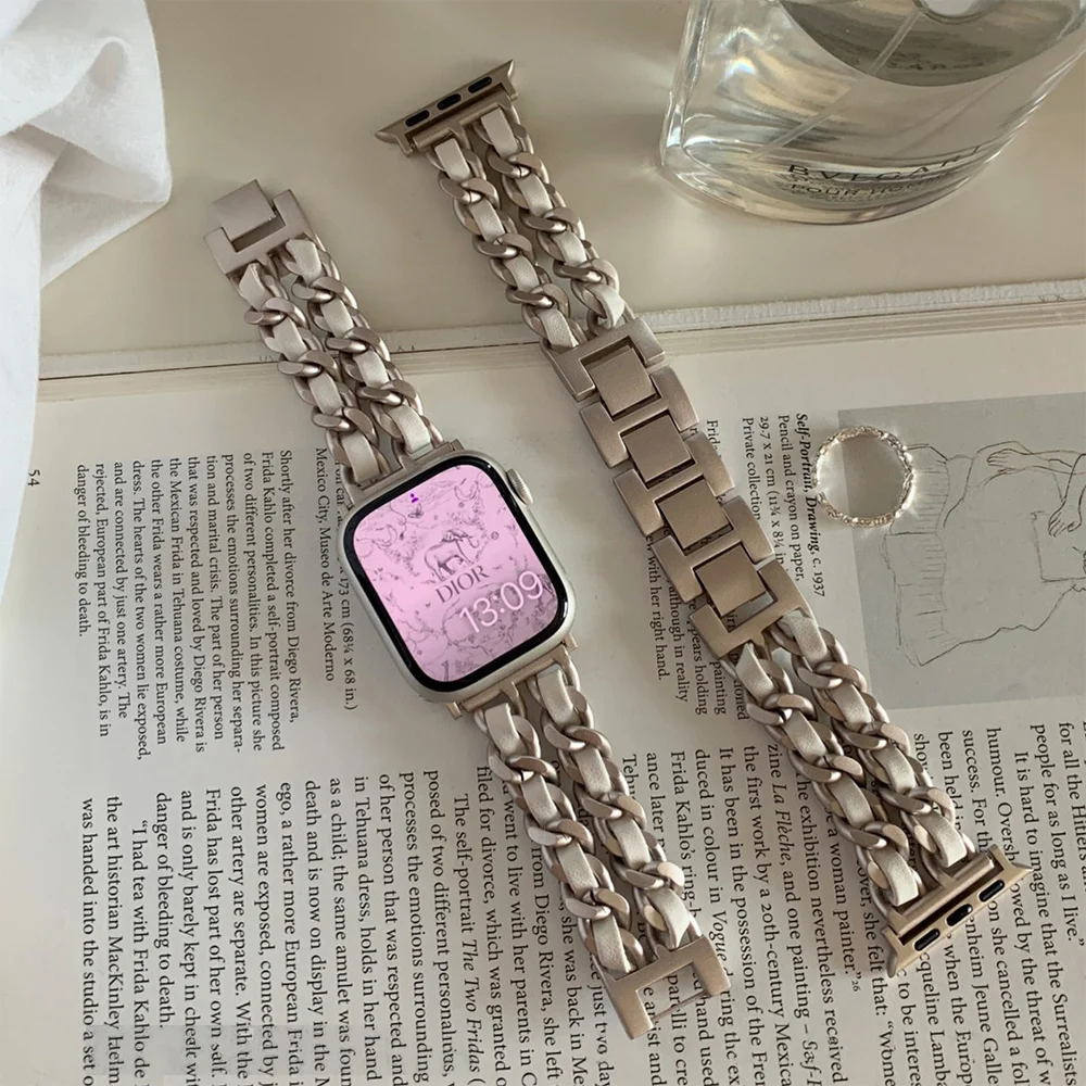 Women Gold Wristband for Apple Watch Band 8 Ultra 49mm 7 SE 6 5 4 3 41mm 45mm 38/42mm 44 40mm Strap Lady Metal Leather Bracelet