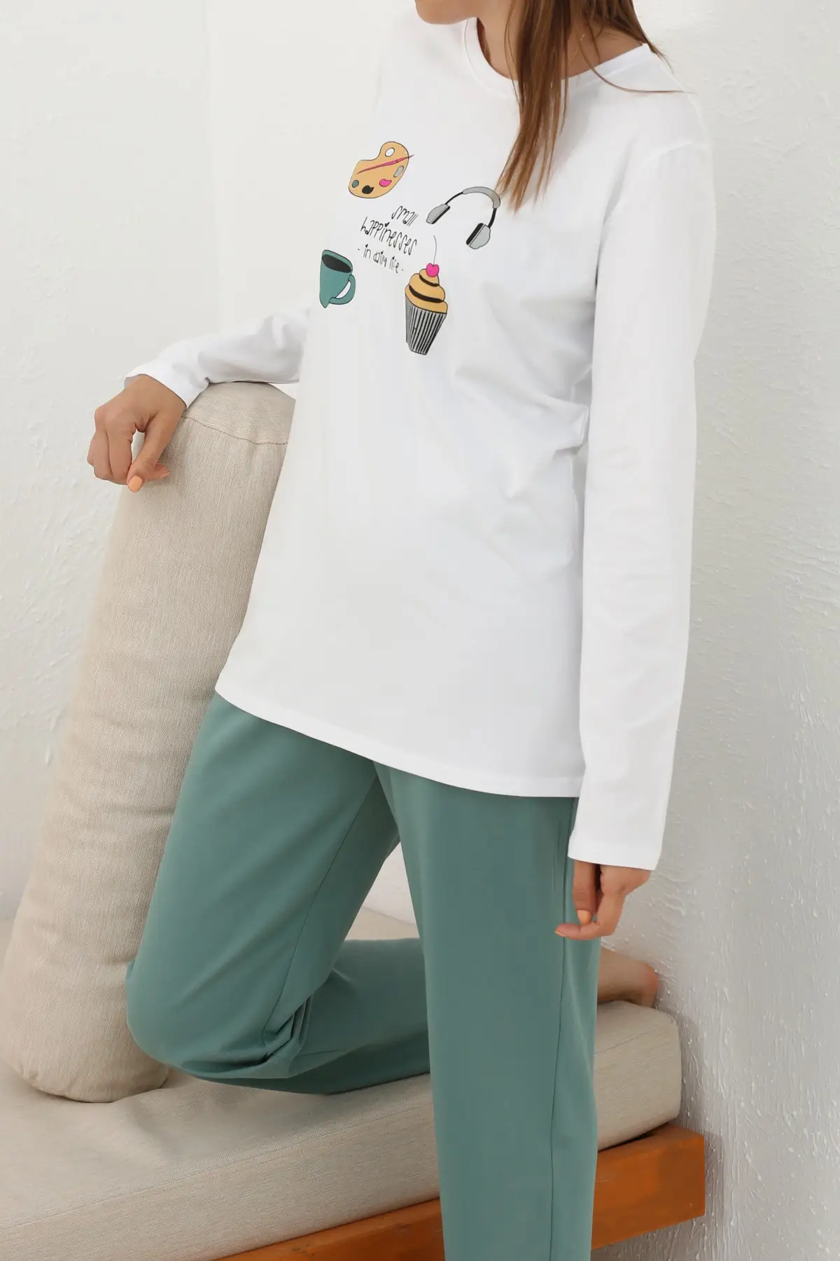 

Women's Pajamas White Green Long Sleeve Printed Sleep Lounge Pajamas Nightwear Sleepwear Night Suit Casual Home Clothing