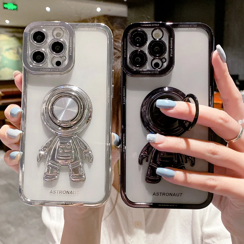 

Cute 3D Astronaut Plating Ring Stand Holder Case for iPhone 13 12 11 Pro Max X XR XS Max 7 8Plus Shockproof TPU Soft Back Cover