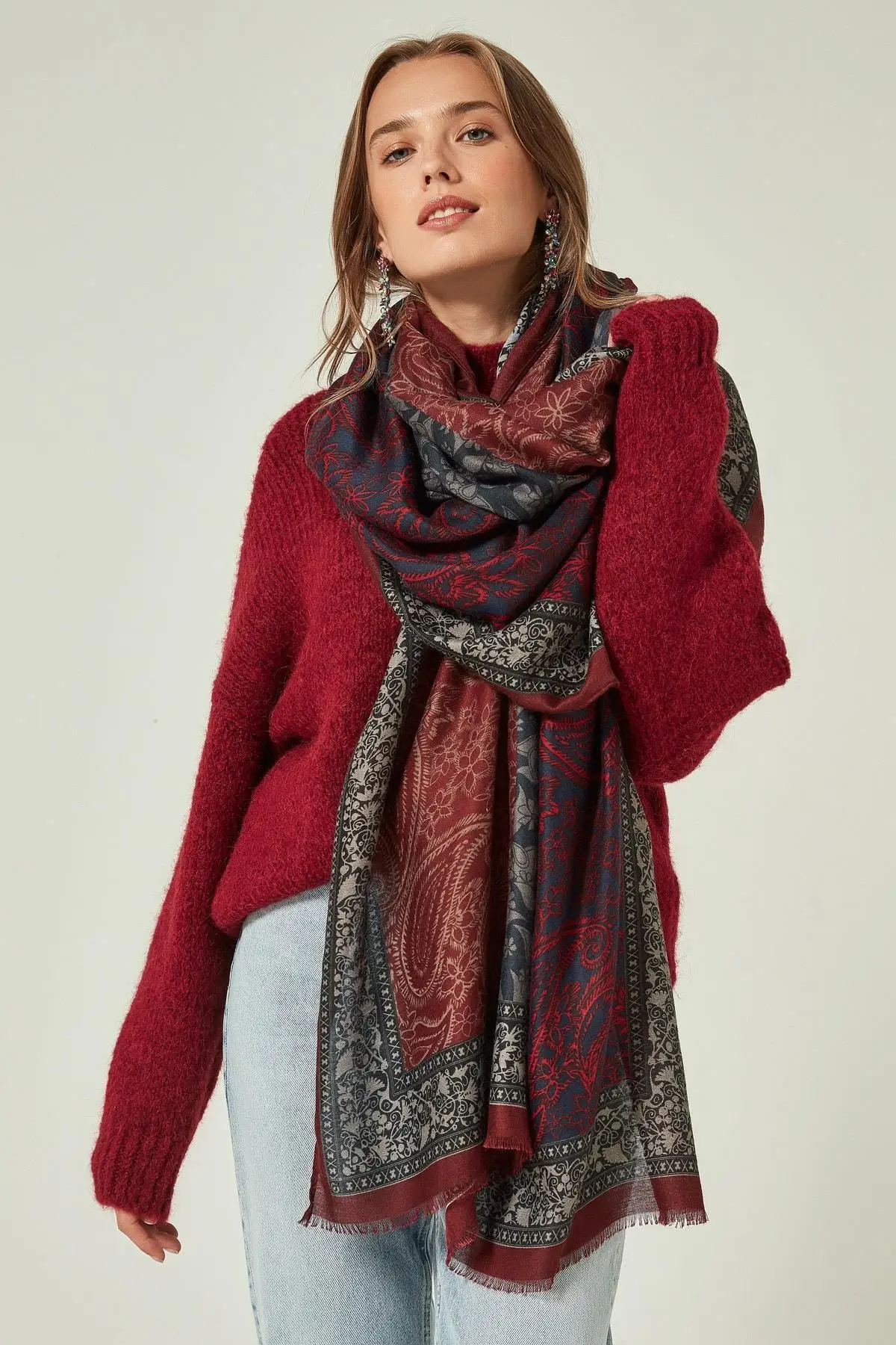 

Women Burgundy Shawl Patterned Shawl 2021 Women Clothing Accessories Fashion