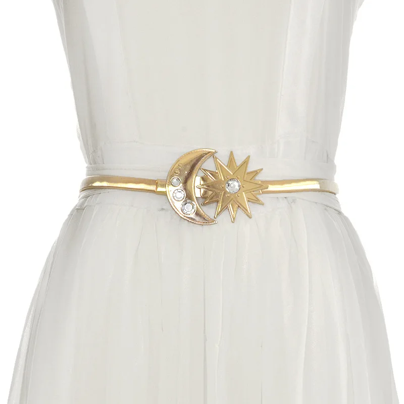 Women Moon Star Gold Belt New Stretch Metal Shiny Belts for Women Thin Diamond Waistband Female Dress Fashion Body Jewelry