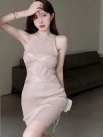 2022 summer halter mini dresses for women knit bodycon sleeveless sexy club solid slim knitted party mini dress women clothing