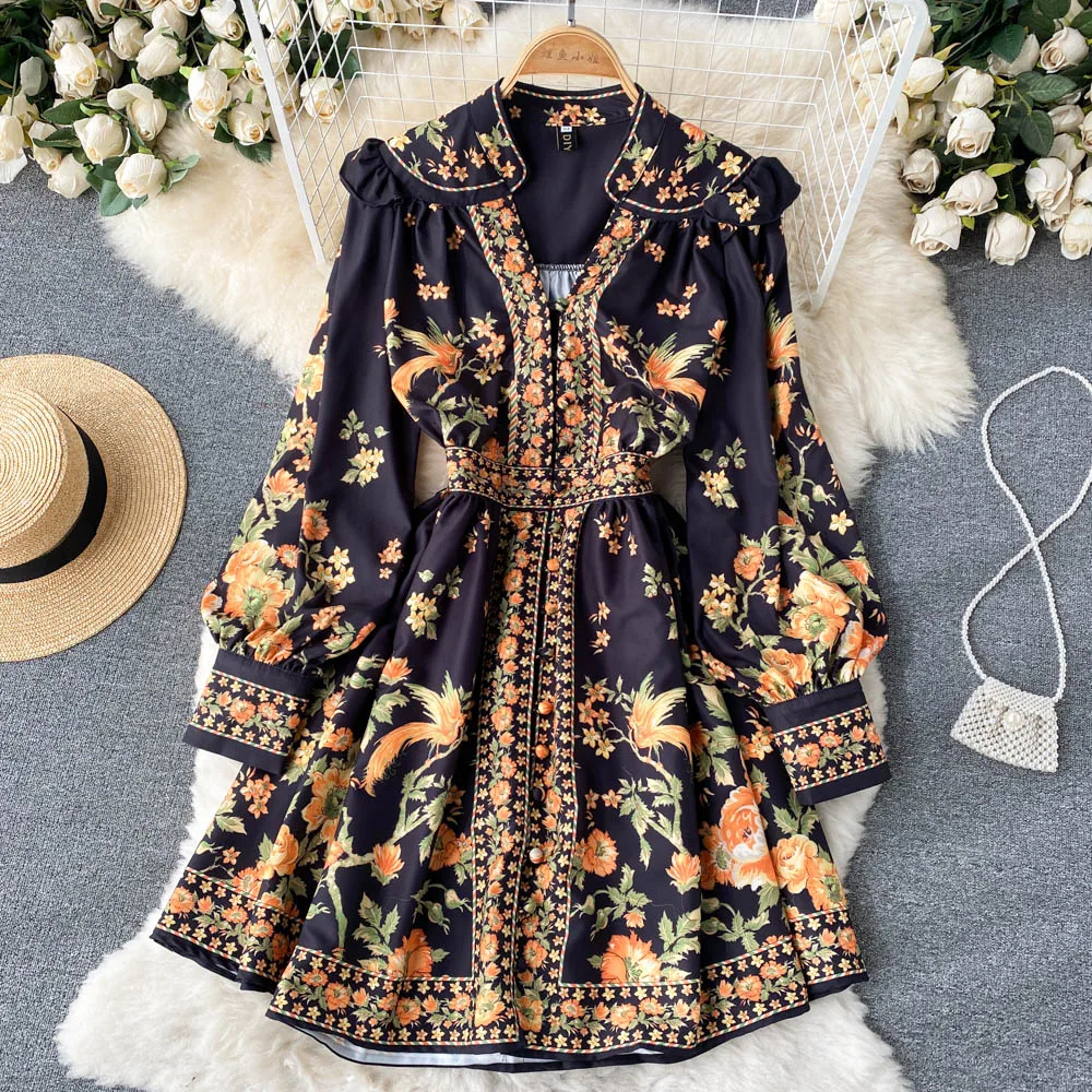 

Truercolory 2022 Spring Runway V-Neck Bohemain Short Dress Women Long Lantern Sleeve Single Breasted Floral Print Holiday Dress