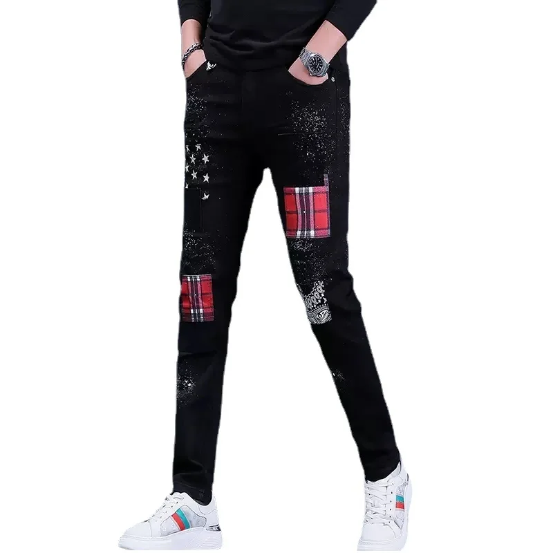 Autumn Black Ripped Patch Jeans Men Streetwear Plaid Patchwork Pants Fashion Star Printed Casual Stretch Slim Fit Denim Trousers