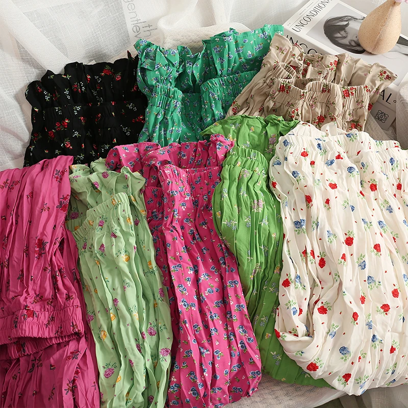 

Pleated high waist Vintage slim maxi skirt women's 2022 Summer Skirts female mid-length thin A-line long Green skirt Bohemian