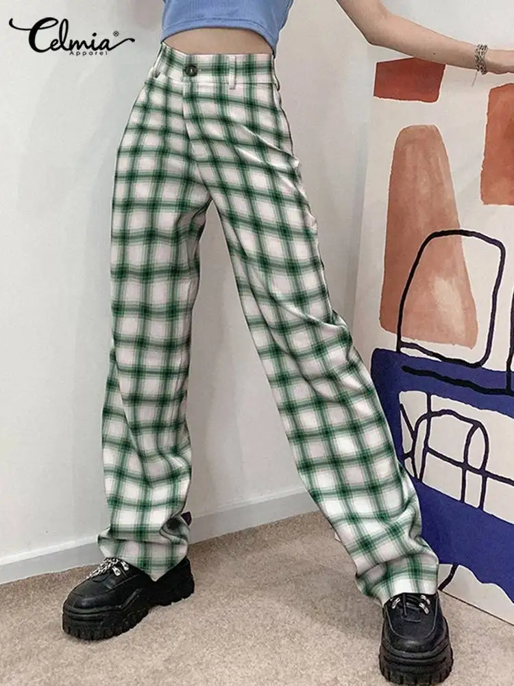 

Celmia Casual Wide Leg Suit Pants Office Lady Fashion Vintage Y2K Trousers Women's High Waist Plaid 2023 Spring Pants Bottoms