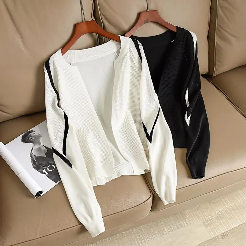 

Spring Autumn Color-blocking Knitted Cardigan Women's Ice Silk Hollowed-out Jacket Sweater Loose Bolero Femme Long Sleeve Tops