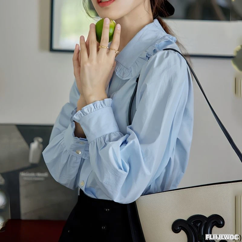 

Блузка женская хлопковая с воротником «Питер Пэн», милая шикарная Повседневная Базовая голубая рубашка с оборками, в Корейском стиле, лето 2023