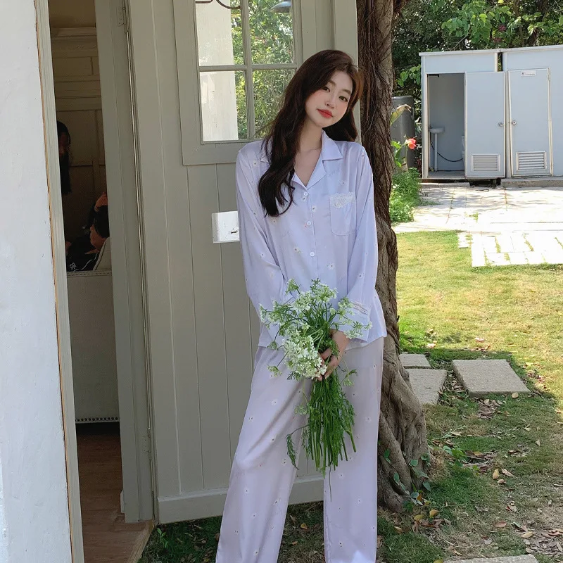 Spring and Summer Pajamas WomenJasmine Garden Lace Long-sleeved Trousers Loose Home Service Suit Breathable and Comfortable Suit