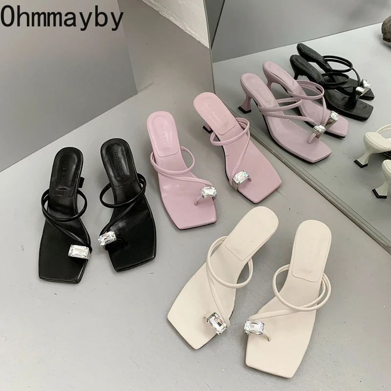 

High Heel Women Slippers Fashion Rhinestones Clip Toe Slip On Shoes Ladies Casaul Narrow Band Female Outdoor Party Slides