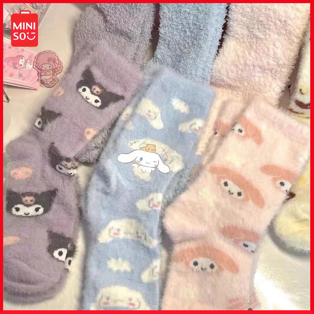 

Новые носки Miniso Sanrio Melody норковые женские осенне-зимние мягкие носки с защитой от запаха поглощающие пот ежемесячные носки для сна
