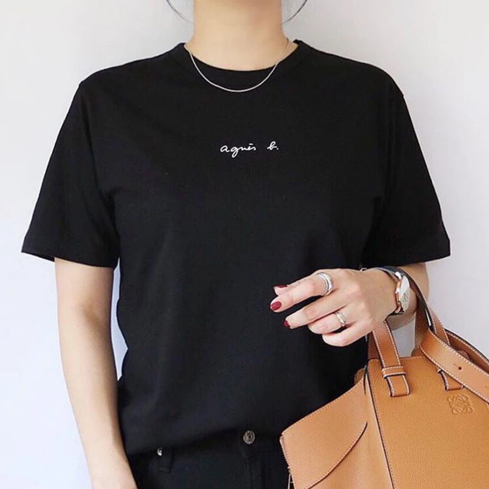 

Girl Summer Causal T-Shirt Letter Print Casual Tees Black All-match Women Fashion Simple Tops Office Lady High Street Daily Wear