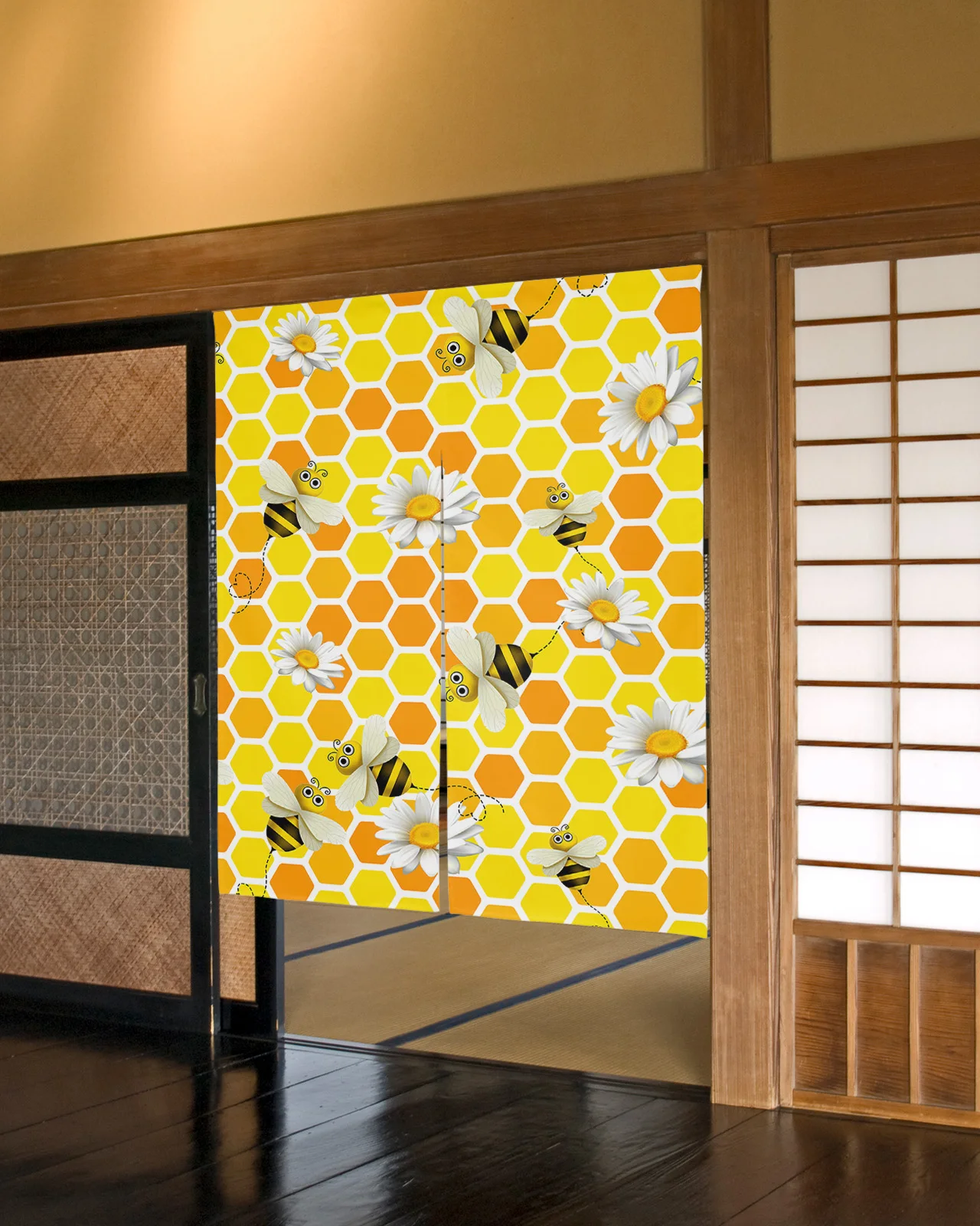 

Spring Bee Daisy Honeycomb Texture Japanese Door Curtain Bedroom Doorway Partition Curtains Restaurant Kitchen Decor Drapes
